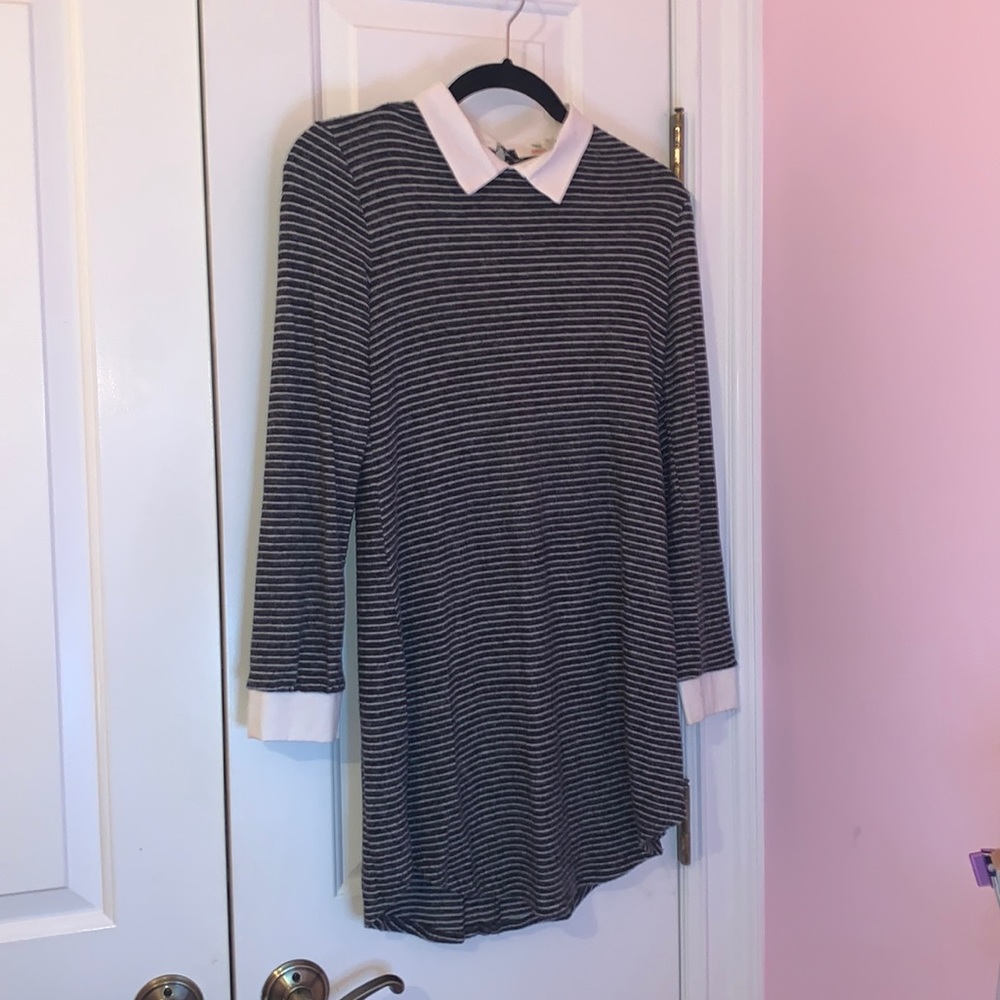 Striped sweater dress with white collar: Hummingbird purchased at Ruby & Jenna